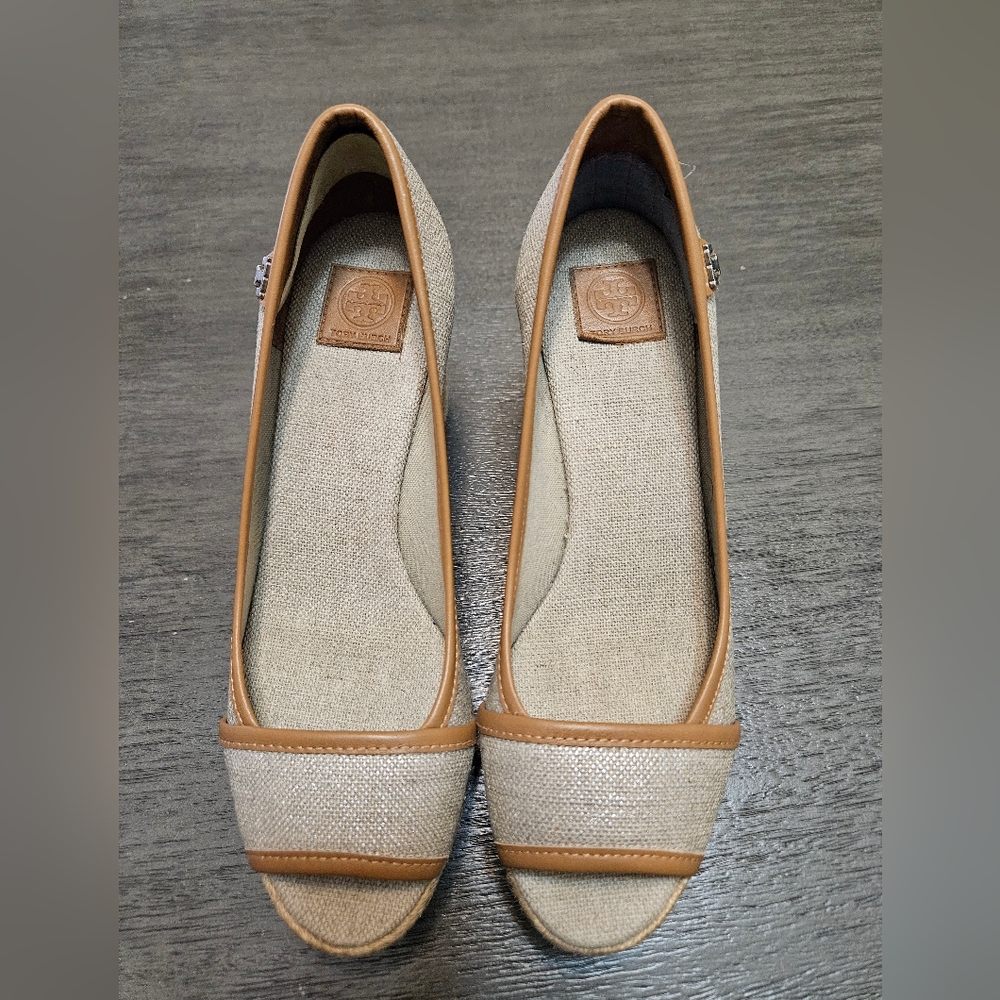 Tory Burch 6.5 Majorca Espadrille Wedge Heel Peep Toe Metallic Tan Brown Shoe - Picture 8 of 10